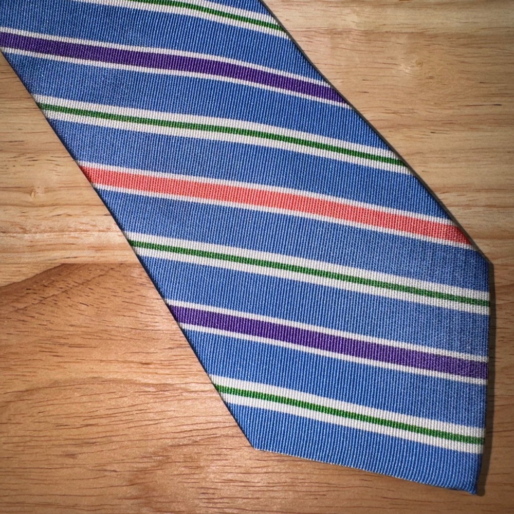 Lauren Ralph Lauren Mens Blue Striped Silk Necktie Handmade Multi Color 3.5 Inch